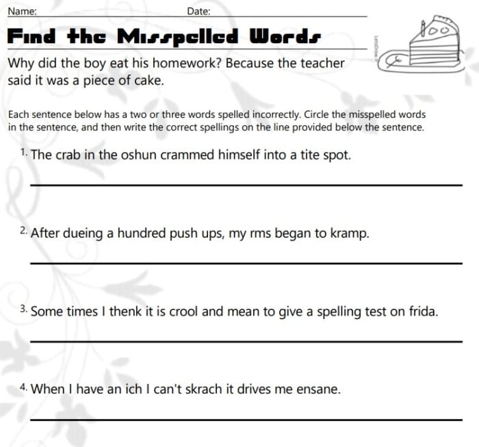Third grade student proofreading a worksheet to find the misspelled words
