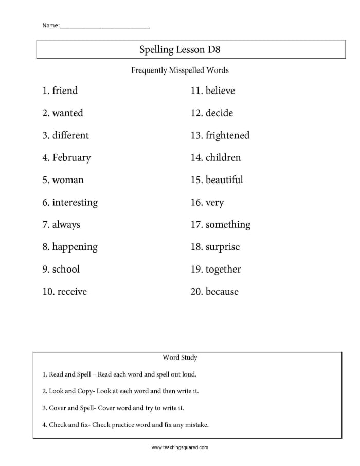 Worksheet featuring a spelling quiz to identify misspelled words for third graders
