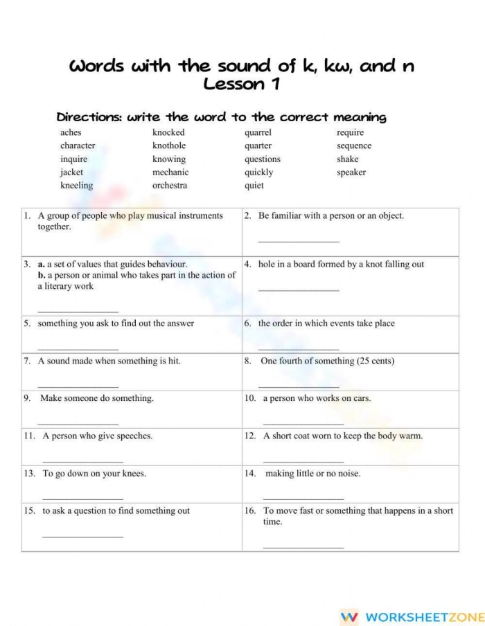 Worksheet featuring spelling activities for /k/ and /kw/ sounds designed for third graders