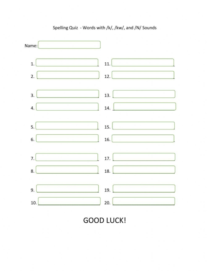 Worksheet featuring spelling activities focused on /k/ and /kw/ sounds for third graders