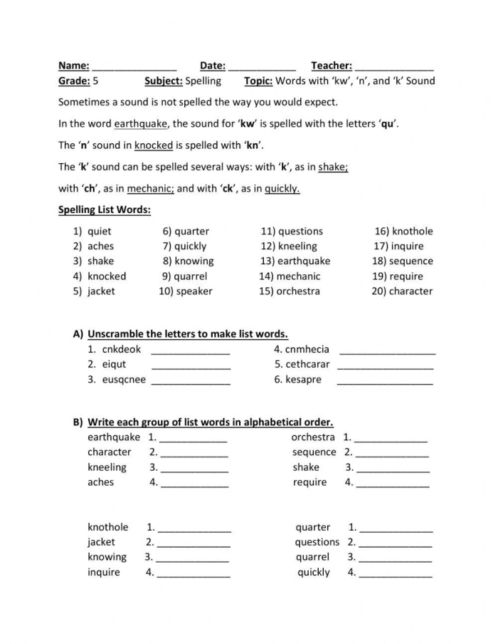 Spelling worksheet featuring activities for /k/ and /kw/ sounds aimed at third graders