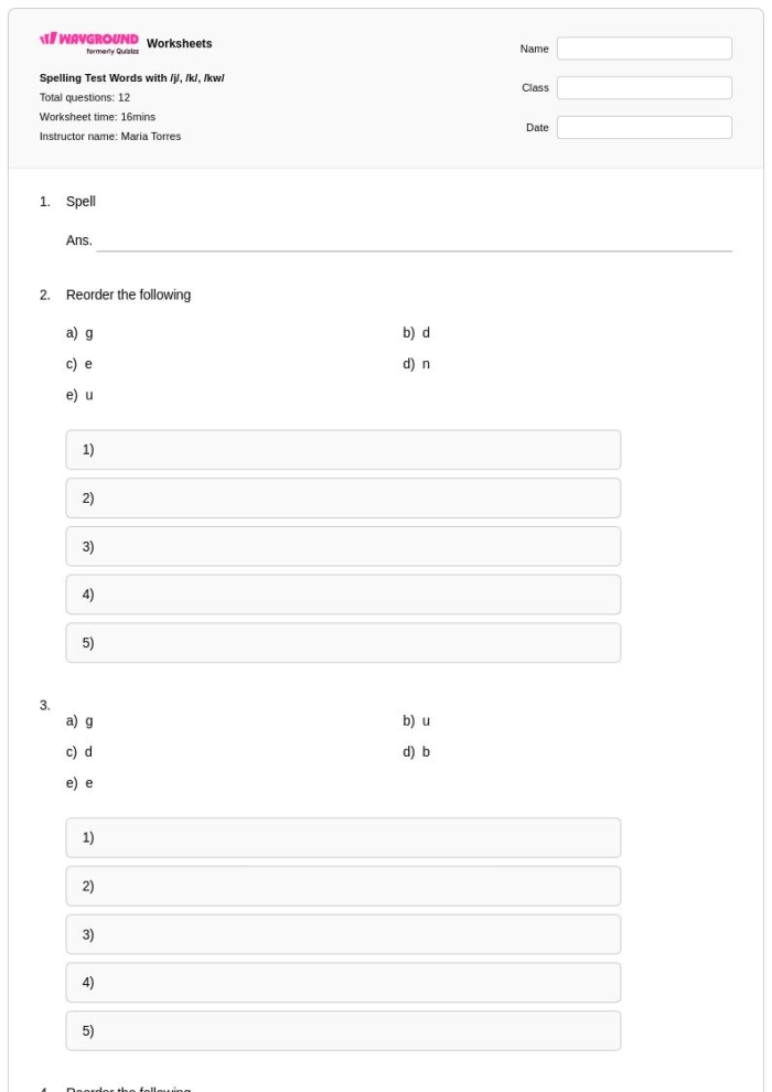 Worksheet featuring spelling activities focused on /k/ and /kw/ sounds for third graders