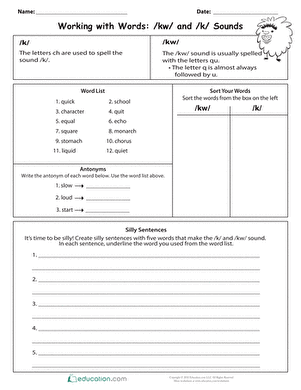 Worksheet featuring spelling activities for /kw/ and /k/ sounds designed for third graders