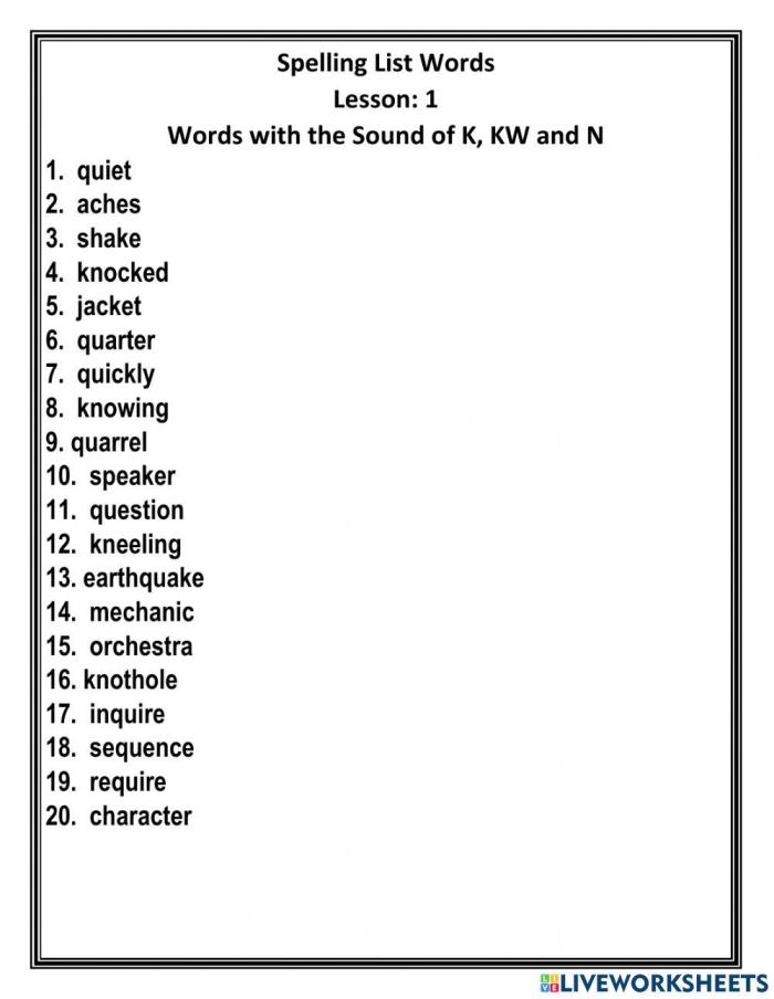 Worksheet featuring spelling activities focused on /kw/ and /k/ sounds for third-grade students