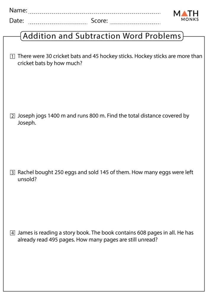 Word Problems in Sports: Addition & Subtraction practice worksheet for math learners Worksheet featuring sports-themed addition and subtraction problems for third graders