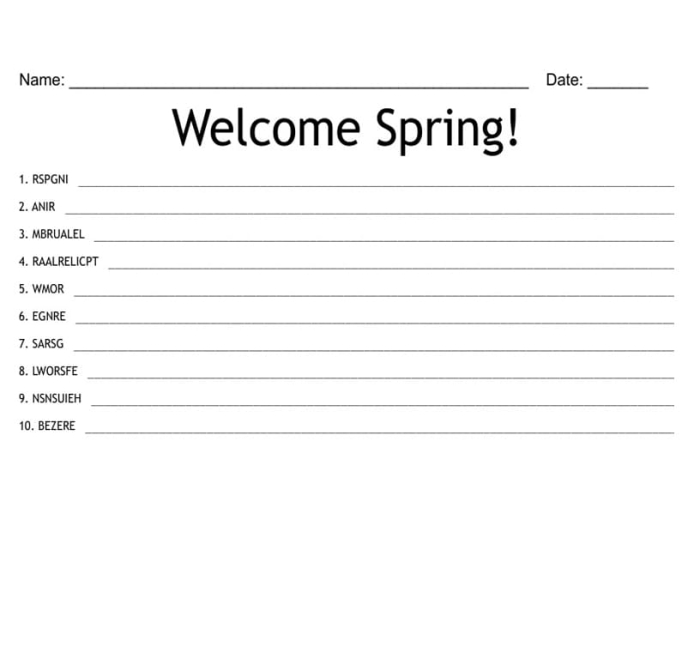 Third grade student completing a spring themed word scramble spelling worksheet