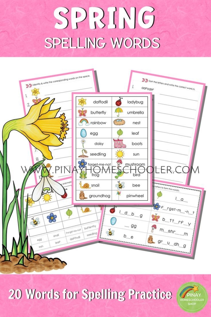 Third grade students practicing spring spelling words on a seasonal subtraction worksheet