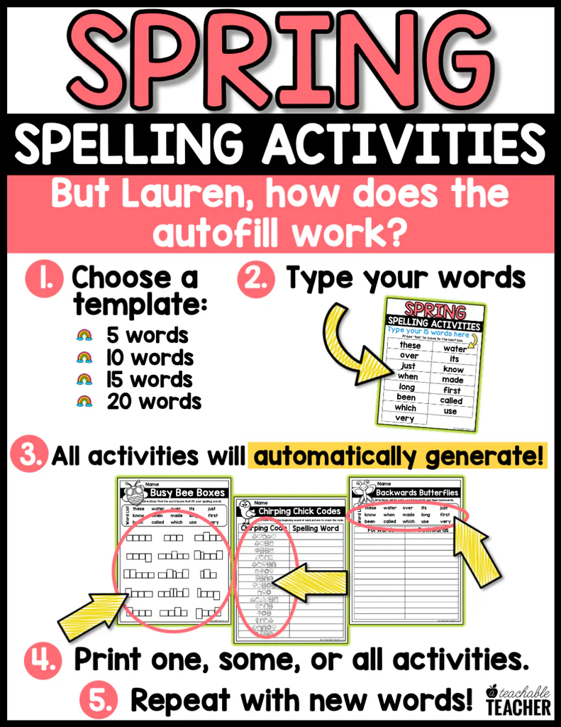 Third grade student practicing spring themed spelling words on a printable worksheet