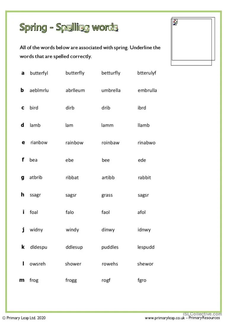 A student completing a seasonal spring spelling worksheet for third grade
