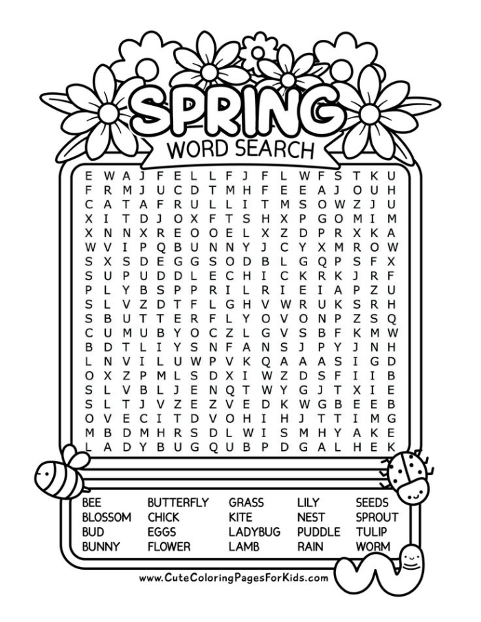 Third grade students solve a spring themed word search puzzle featuring eighteen seasonal words about nature and science