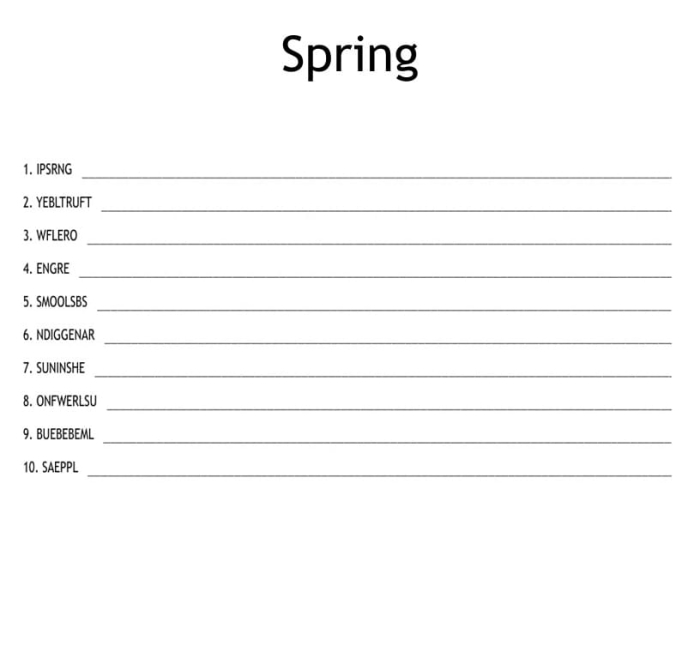 Spring Word Scramble worksheet for third graders featuring 11 spring-themed words to unscramble. Engaging spelling activity to enhance logic and vocabulary skills.