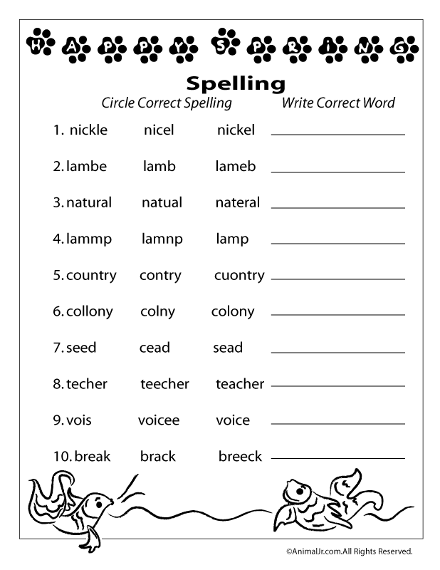 Spring Spelling worksheet featuring fun words related to the season for third graders