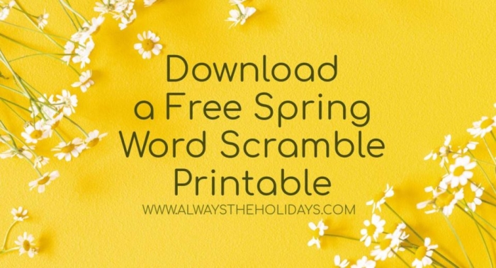 Spring Word Scramble worksheet for third graders featuring 11 spring-related words to unscramble
