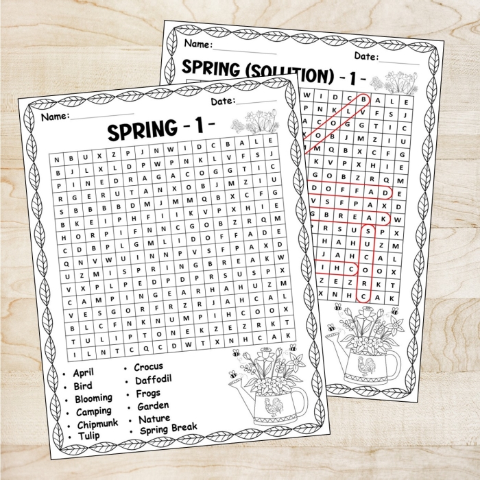Spring-themed word search puzzle worksheet for third graders featuring 18 seasonal words to find and circle