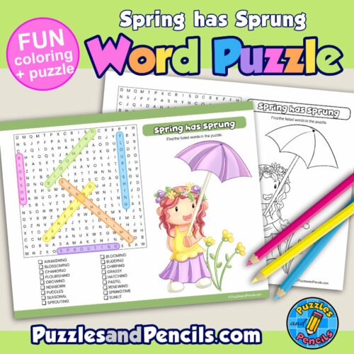 Spring-themed word search puzzle worksheet for third graders featuring 18 seasonal nouns, adjectives, and verbs. Word Search Puzzle: Spring Has Sprung! Worksheet for Earth and Space Science.