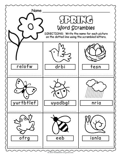 A third grade worksheet featuring eleven scrambled spring-themed vocabulary words for students to decode.