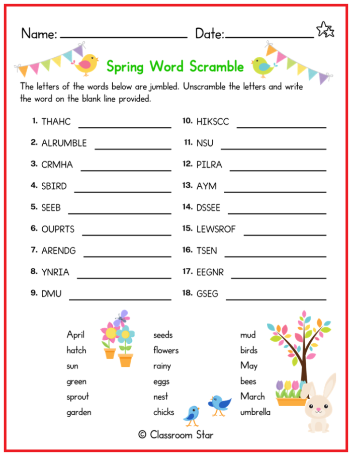 Spring Word Scramble worksheet for third graders encouraging spelling and logic skills