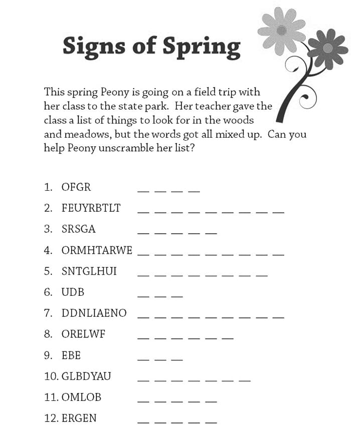 Spring Word Scramble worksheet for third graders featuring 11 fun spring-related words to unscramble
