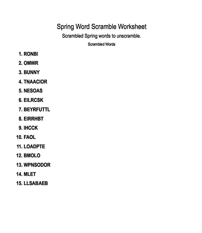 Third grade students unscramble 11 seasonal words on this fun spring spelling worksheet