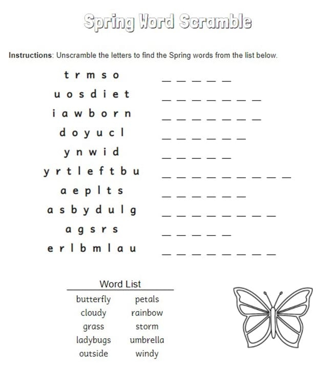 Third grade students unscramble eleven spring-themed vocabulary words on this educational spelling worksheet.