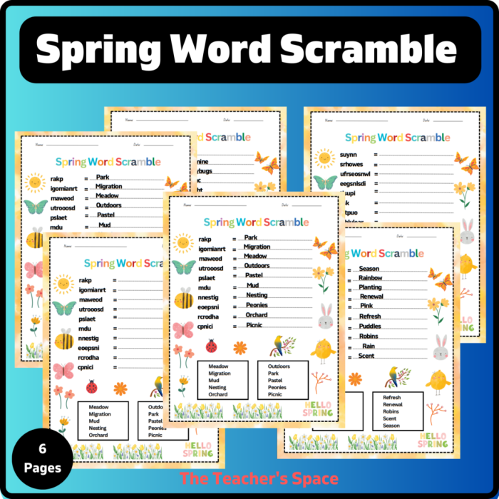 Spring Word Scramble worksheet for third graders featuring scrambled words to enhance spelling skills