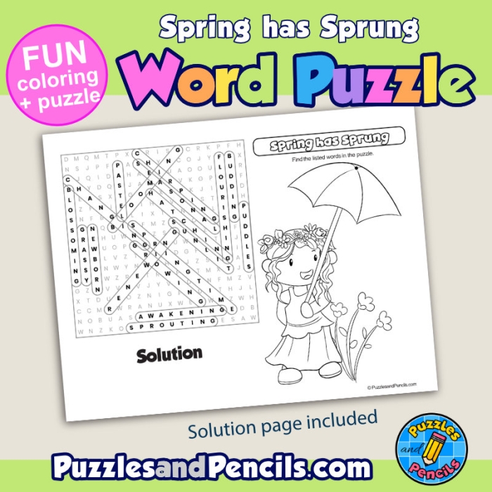 Third grade student solving the Spring Has Sprung Word Search puzzle worksheet featuring seasonal vocabulary