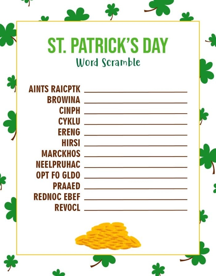 St. Patrick's Day Word Scramble worksheet for third graders featuring 10 holiday-related words to unscramble