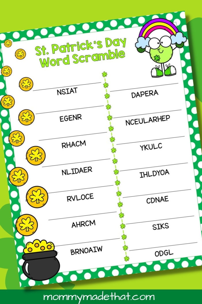 Third grade St. Patrick's Day Word Scramble worksheet featuring ten holiday themed puzzles for students