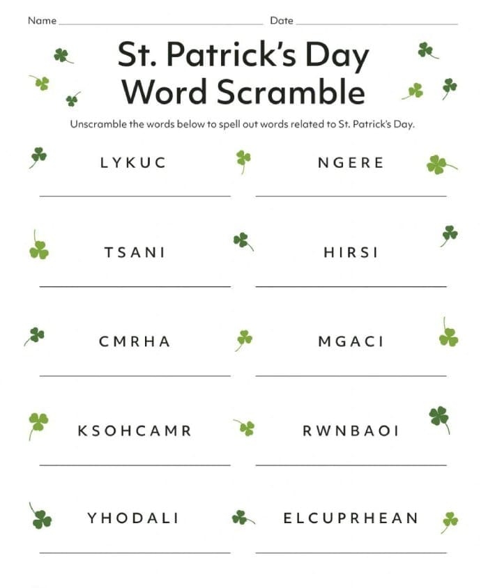 St. Patrick's Day Word Scramble worksheet for third graders featuring 10 themed words to unscramble