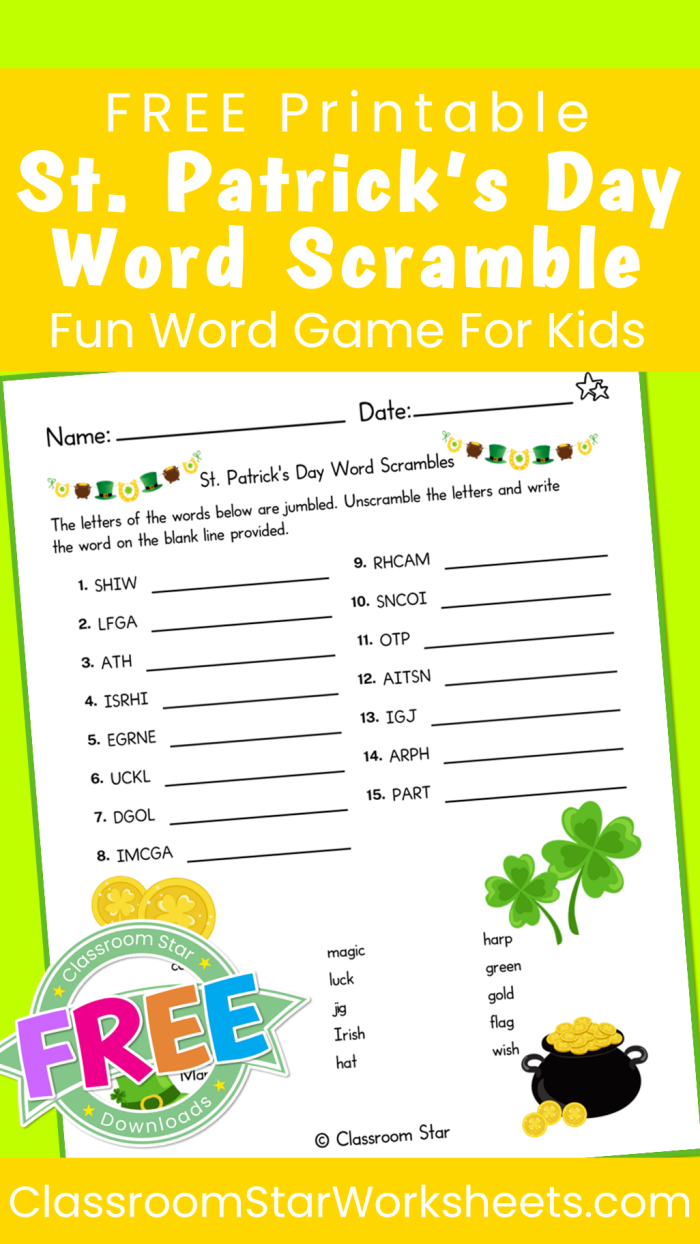 St. Patrick's Day Word Scramble worksheet featuring 10 themed words for third graders