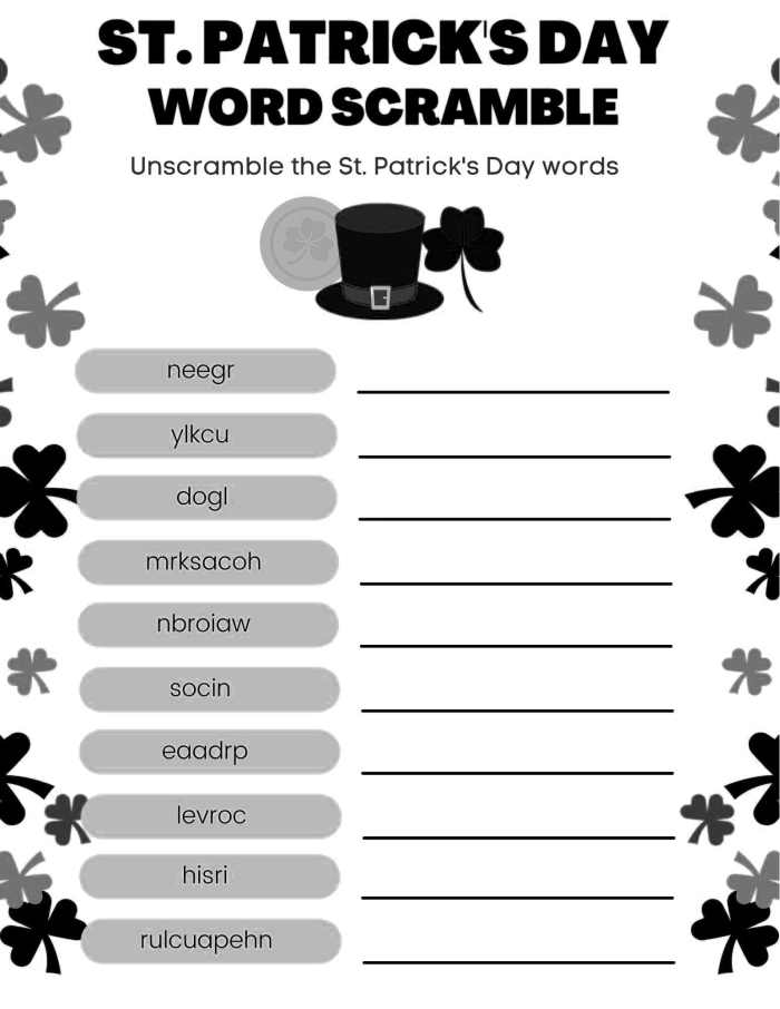 Third grade St. Patrick's Day word scramble worksheet featuring ten holiday terms for students