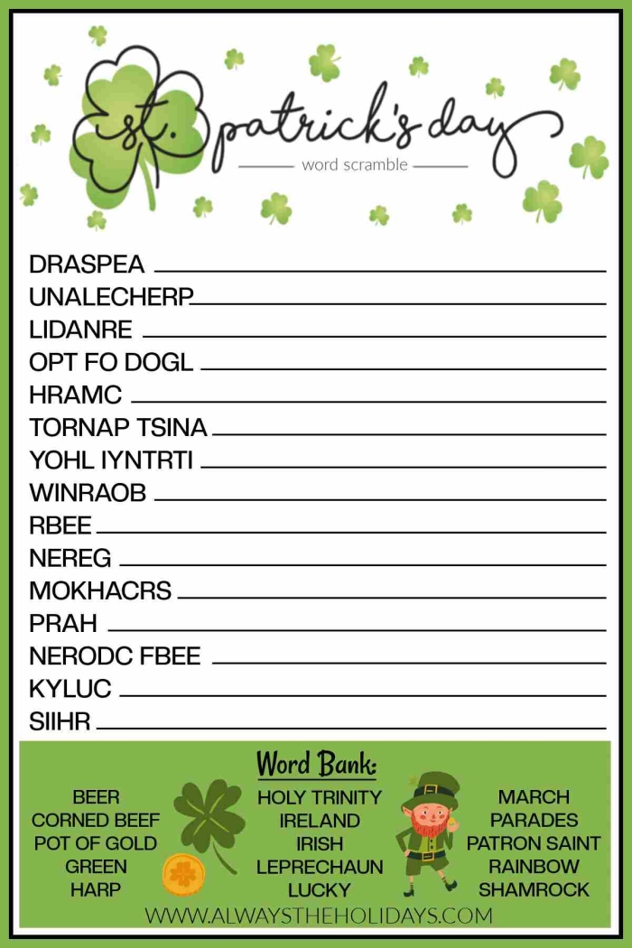 Third grade St. Patrick's Day word scramble worksheet featuring ten holiday terms for students to solve