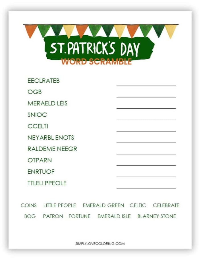 St. Patrick's Day Word Scramble worksheet for third graders featuring a fun holiday theme