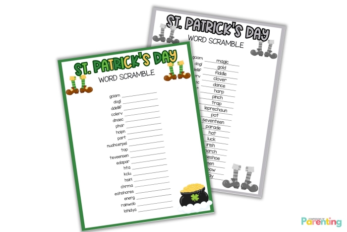 St. Patrick's Day Word Scramble worksheet featuring 10 themed words for third graders to unscramble