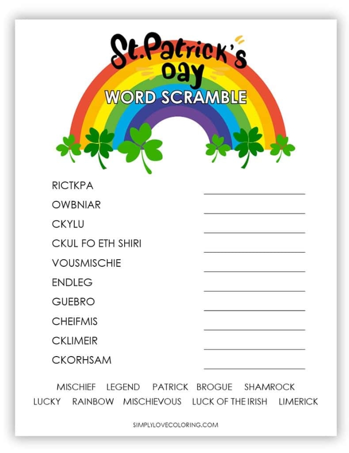 St. Patrick's Day Word Scramble worksheet for third grade students featuring 10 holiday themed puzzles