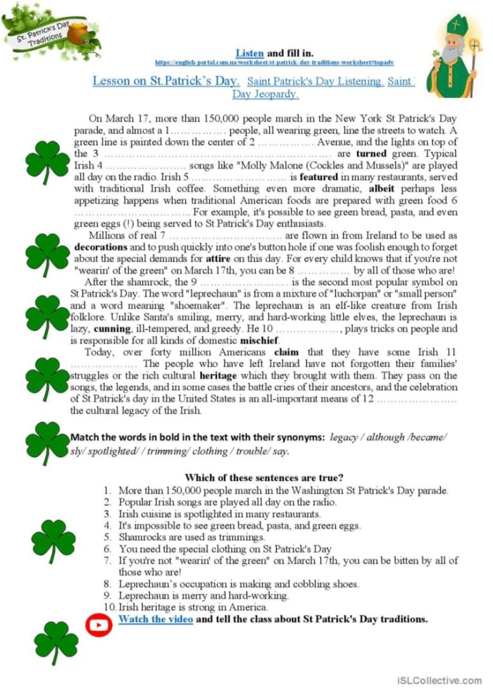 St. Patrick's Day Traditions worksheet for third graders featuring engaging activities
