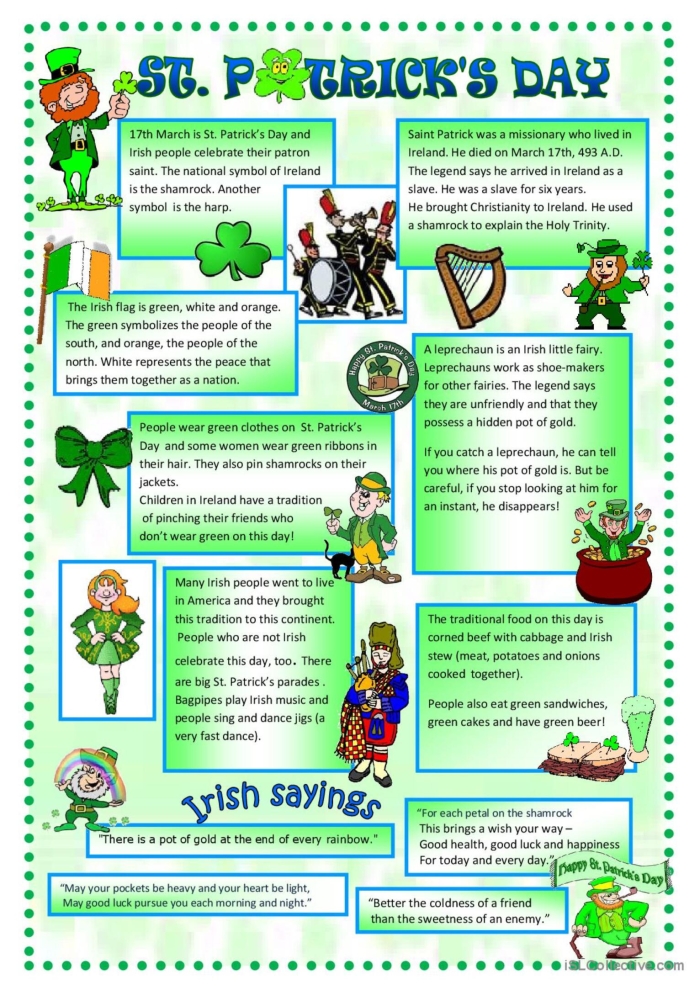 Third grade reading worksheet featuring fun St. Patrick's Day traditions and Irish heritage facts