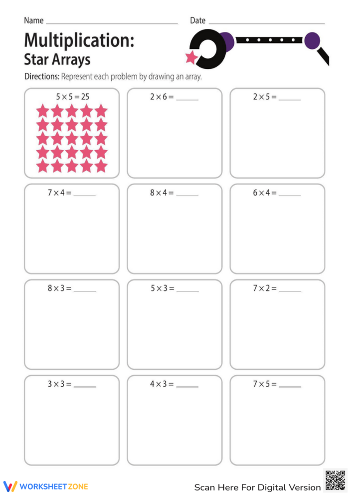 Multiplication Star Arrays Worksheet 14 for Third Grade Math Practice Third grade worksheet featuring eleven math problems solved with star arrays