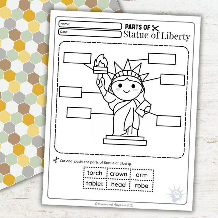 Third grade students completing vocabulary exercises about Statue of Liberty facts and definitions on worksheet page