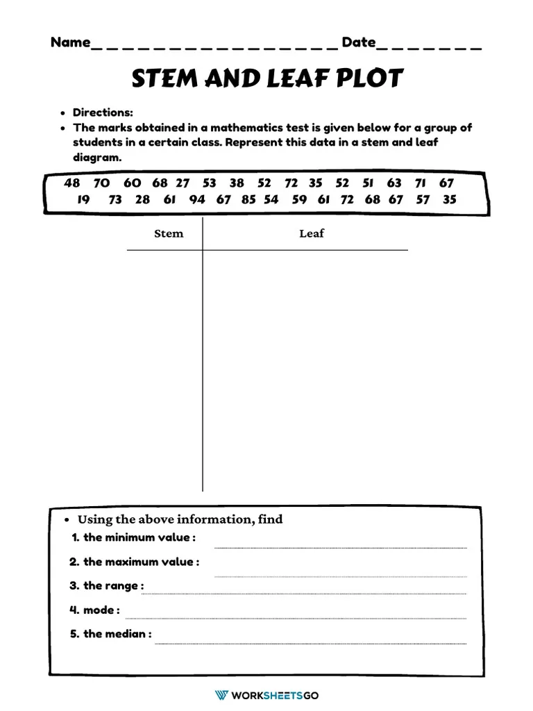 Stem and Leaf Plot Data Organization Exercise for Elementary Math Students Third grade students learning to organize data using stem and leaf plot methods on a math worksheet