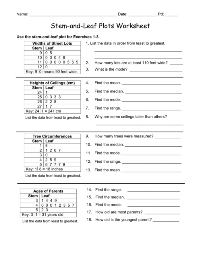 Stem and Leaf Plot Math Practice Worksheet Number 15 Third grade student working on a nature themed stem and leaf plot worksheet