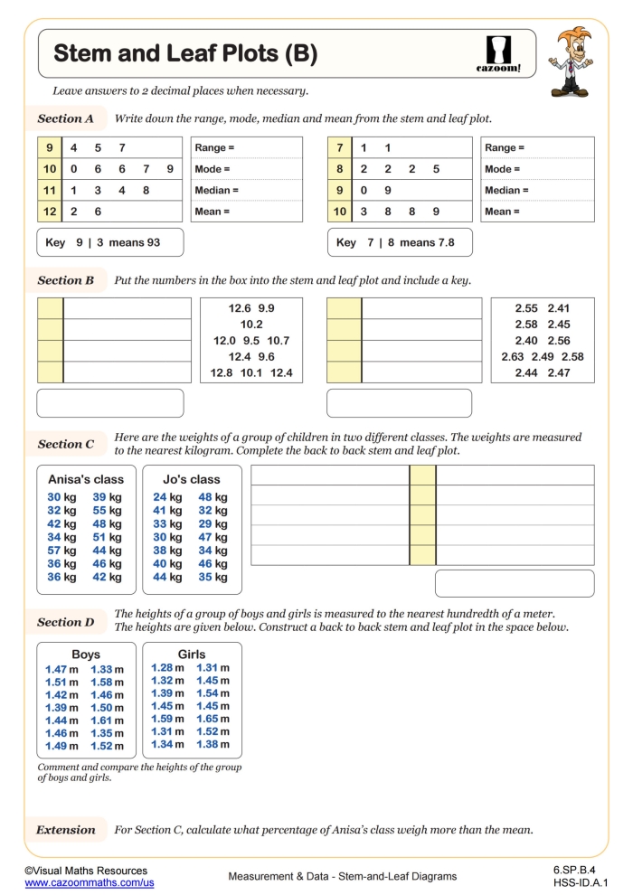Understanding Stem and Leaf Plots: A Third Grade Math Activity Third grade math worksheet showing a stem and leaf plot example with nature-themed data for students learning to organize and interpret numerical information