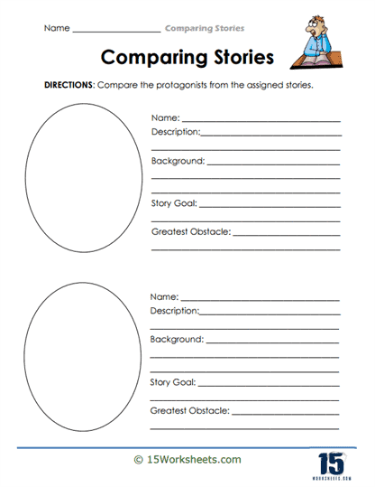 Third grade worksheet for comparing story elements across two different fiction texts