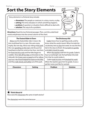 Third grade student identifying story elements in a fun sorting worksheet