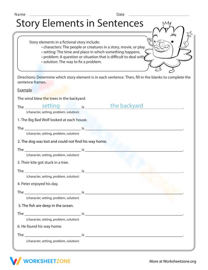Story Elements in Sentences worksheet for reading comprehension activities Worksheet illustrating story elements in sentences for third graders