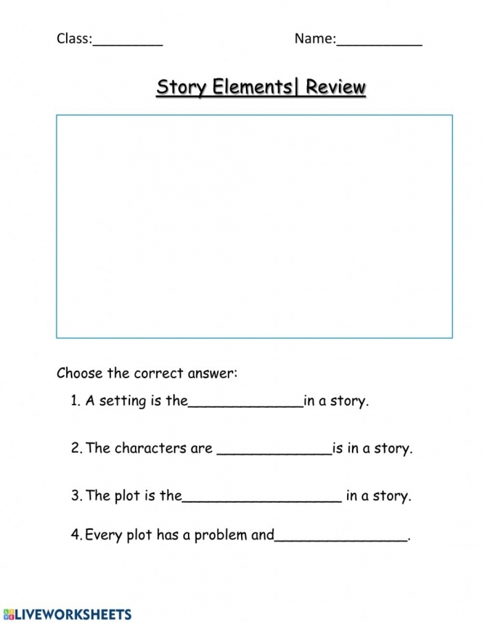 Visual guide to identifying story components in reading activities Worksheet featuring story elements in sentences for third graders
