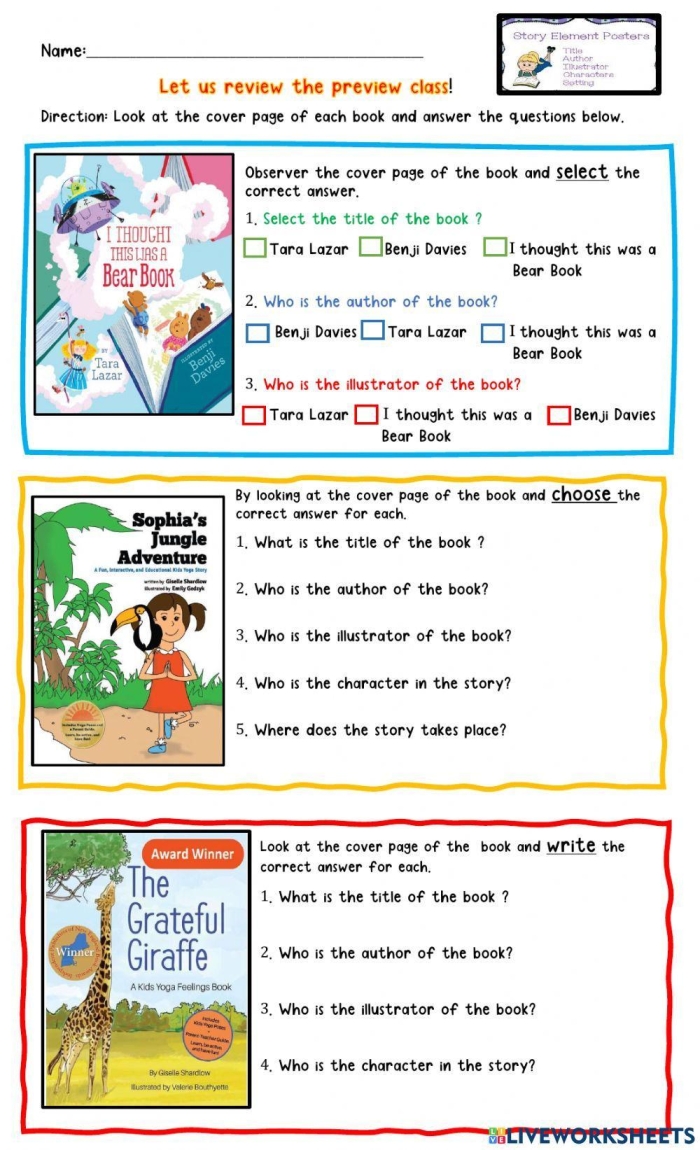 Educational resource for identifying key story components in text Worksheet illustrating story elements in sentences for third graders