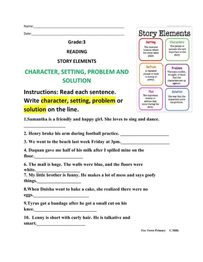 Visual guide for identifying key story components in sentences Worksheet showcasing story elements in sentences for third graders