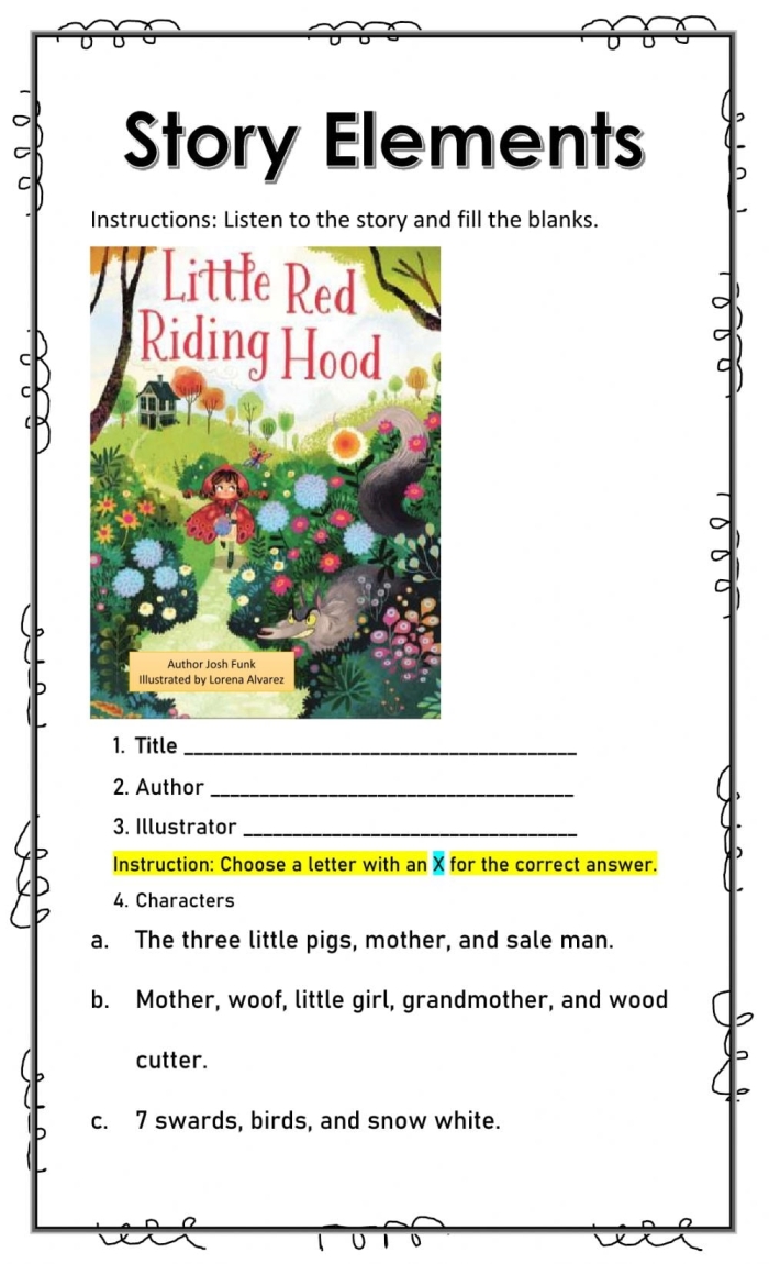 Visual guide to identifying story elements in sentences for students Worksheet featuring story elements in sentences for third graders
