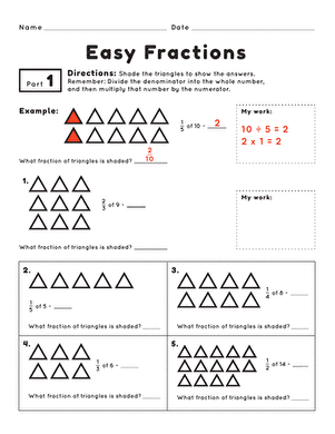 Third grade student completing an easy fractions worksheet featuring biology themed illustrations